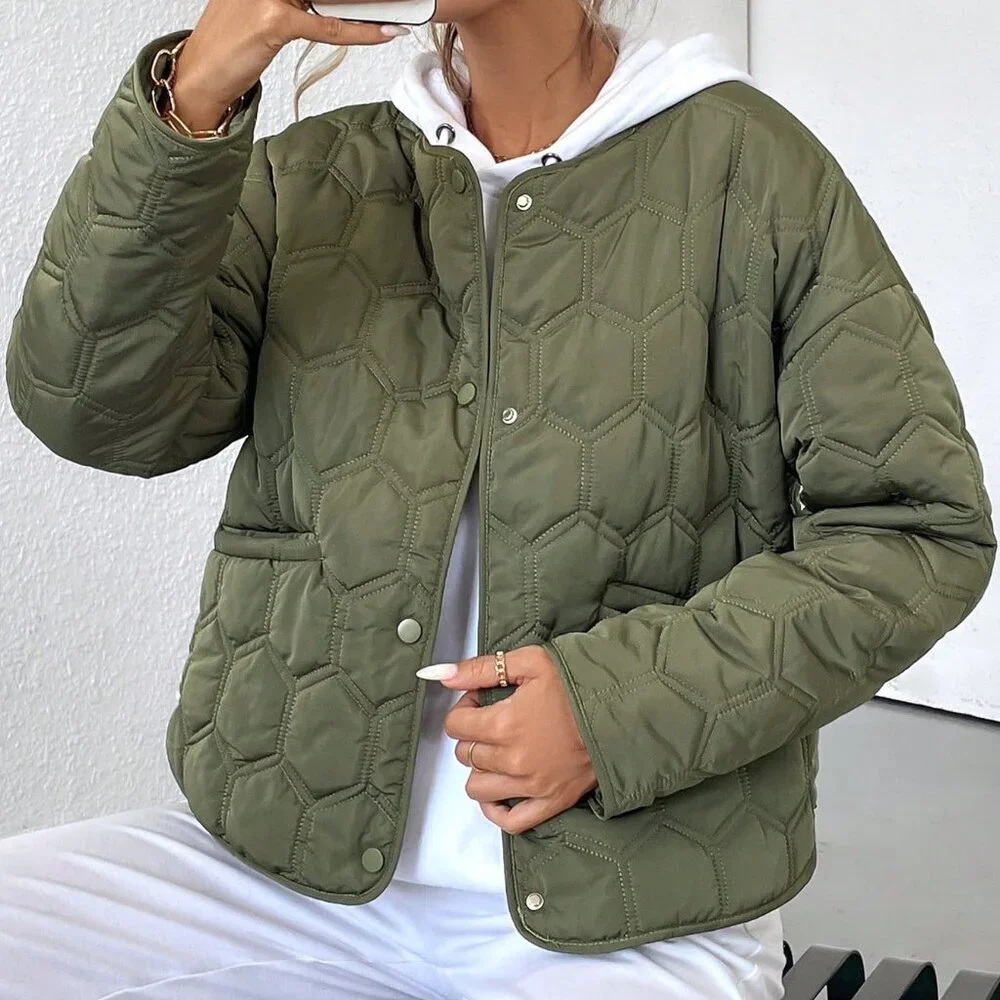 Army Green Casual Women's Geometric Insulated Coat Jacket